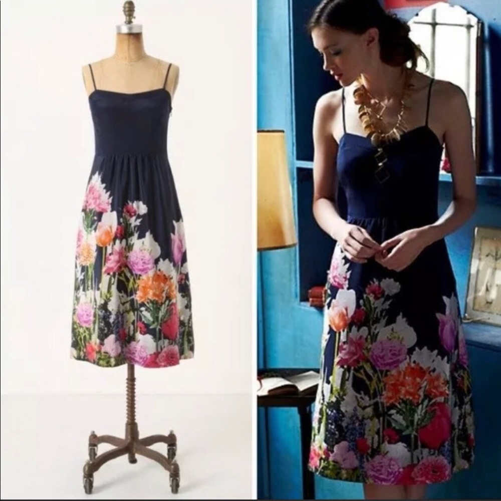 Anthropologie Navy Blue with flowers Silk Dress